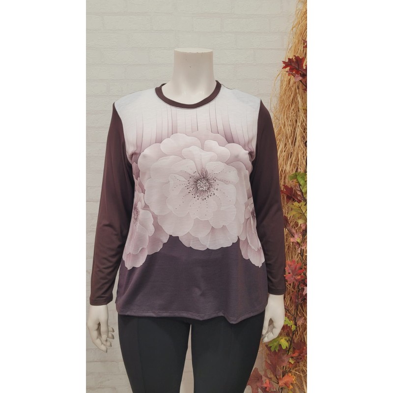 camiseta gran flor marrón